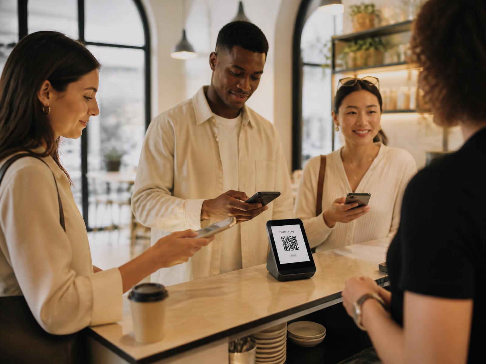 Customers paying with their mobile phones by scanning a QR code at a cafe counter